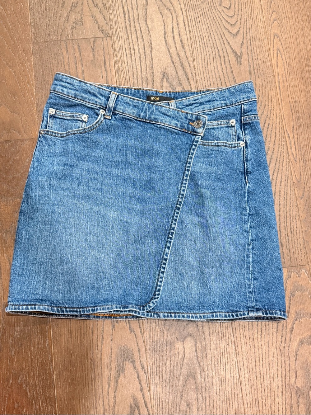 Maje Blue Denim Asymmetrical Wrap Mini Skirt